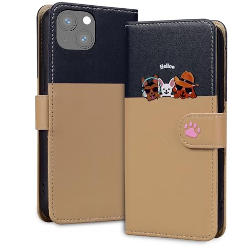 Tiyoo Lovely & Cute Flip Wallet Phone Case for iphone 13 Pro with Cartoon Cat&Dog Pattern,Premium Magnetic PU+TPU Leather for high protection phone cover for iphone13 Pro(Khaki)