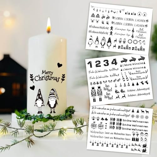 Giftota Upgrade Selbstklebende Kerzentattoos Weihnachten, DIY Kerzen aufkleber Weihnachten (150+ Muster) - Kein Wasser Nötig, Weihnachtssticker für Kerzen, Keramik, Glas, Holz