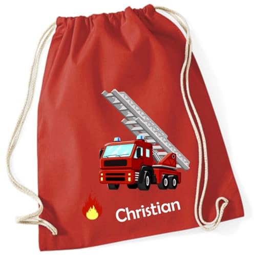 minimutz Turnbeutel Feuerwehr mit Namen personalisiert - Stoffbeutel Jungen Rucksack - Sportbeutel zum Zuziehen - 12L - 37x46cm (rot)