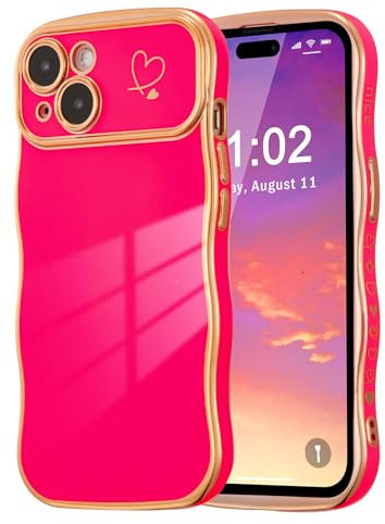 ZTOFERA Compatible with iPhone 15 Plus (6.7) Case for Girls Women, Cute Curly Wave Frame Shape Soft Silicone Case with Love Heart Pattern Camera Protection Golden Edging Shockproof Cover, Hot Pink