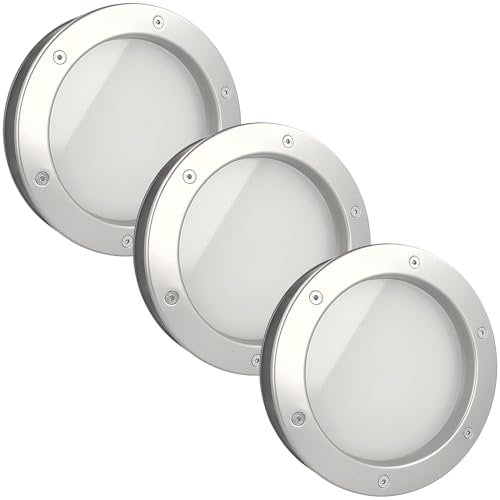 MLS Bullauge B4000, Set mit 3 Stück, für Türen, Robustes Aluminium, VSG-Sicherheitsglas, Passend für 40 mm Starke Türen, Beidseitig Sichtbare Befestigungsschrauben, Ø 250 mm, Mattes Glas, Silber
