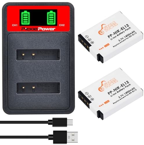 Pickle Power 2Pcs 1400mAh EN-EL12 Battery with Charger for Nikon Coolpix S6200 S8000 S8200 S9600 s9700 S9900 S70 S31 S710 S640 S630 S620 S610 A900 A1000 B600 AW120 AW110s P340 P330 P300