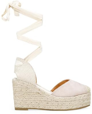 BOSANOVA Alpargatas confeccionadas en Ante Color Beige con Detalle de Escote corazón, Puntera en Rafia y cuña de Rafia de 8.5 cm. Cierre con Cordones Lace- up. Calzado para Mujer Beige 36