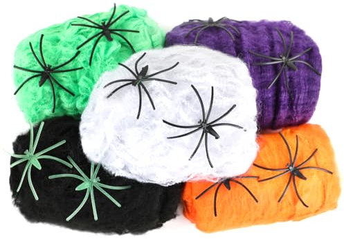 JOFONY Halloween Spinnennetz Dekorationen,Spiderweb Spinne Deko,100G Dehnbare Baumwolle 10 Künstlichen Spinnen,Spinnenbaumwolle Deko Halloween Deko Kit für Karneval,Party,Tisch,Garten