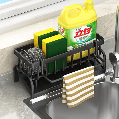 BRYN Soporte para esponjas de fregadero de cocina, soporte para esponjas de acero inoxidable con porta trapos, organizador fregadero de cocina, para accesorios de cocina, esponja, cepillo, jabón para