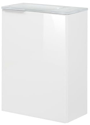 FACKELMANN Kara Gäste-WC Set 3 Teile – Waschtischunterschrank mit Glasfront in Weiß mit Waschbecken aus Glas in Weiß – SBC Waschbecken beleuchtet – Türanschlag rechts – 45 cm breit