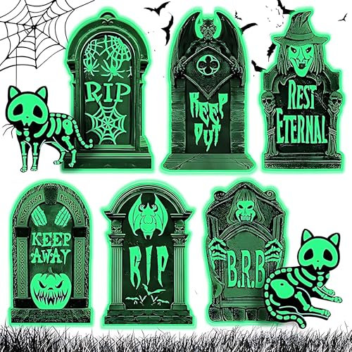 8 Stück Halloween Deko Outdoor Set, 6 Stück RIP Grabstein Halloween Leuchtend, 2 Stück Fluoreszierende Kat, für Garten Rasen, Halloween Events, Karneval, Labyrinthe