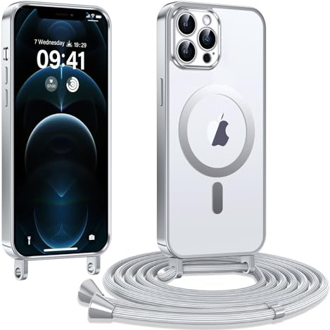 Kokio Handykette Hülle für iPhone 12 Pro Max mit Band, Magnetische Transparent Handyhülle, Kratzfeste Stossfest Schutzhülle mit Einstellbar Kette, Silber