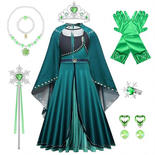 Prinzessin Kleid Mädchen, Langarm Kostüm Kleid mit Umhang für Kinder, Prinzessin Königin Grün Krönung Kostüm für Kinder Verkleidung Karneval Halloween Weihnachten Fasching Cosplay