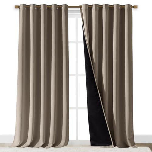 NICETOWN 100% Blackout Blinds, Laundry Room Decor Window Treatment Curtains for Large Patio Sliding Door, Thermal Insulated Taupe Curtains for Bedroom, Set of 2, 70 inches x 108 inches