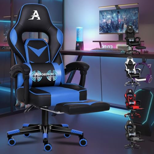 ALFORDSON Sedia da ufficio da gioco, con supporto ergonomico, comfort di lusso, con poggiapiedi, poggiatesta, sedia da casa, Ecopelle, Blu