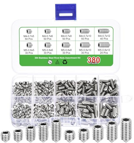 sourcing map 380Pcs Set Screws M4-M5x5/6/8/10/12mm Brass Cone Point Hex Socket Grub Screws for Machinery, Home Repairs, and Fixtures