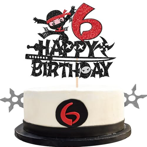 1 Pack Ninja Happy 6th Birthday Cake Topper - Black Glitter Six Years Old Cake Pick - Martial Arts Kung Fu Warriors Decoration for Ninja Theme Sixth Party Supplies