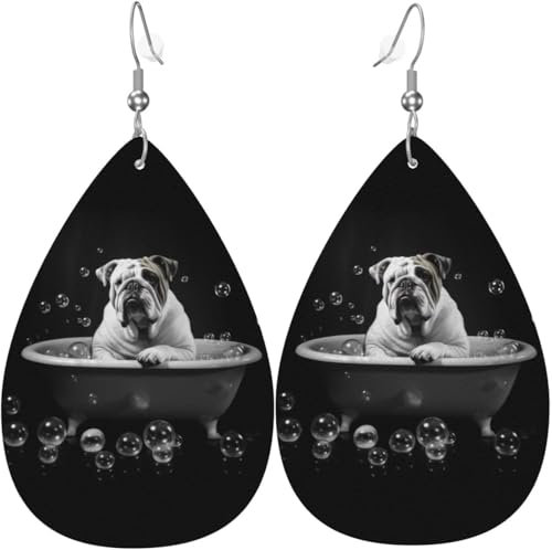 Lustige Badewannen-Bulldogge mit Seifenblase, bunte Weihnachtsbaum-Leder-Tropfenohrringe für Frauen, Dekorationen
