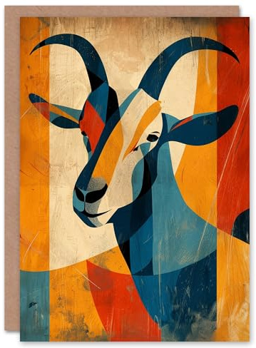 Artery8 Goat Abstract Blue Red Yellow Geometric Painting Blank For Him Or Her Art Birthday Card