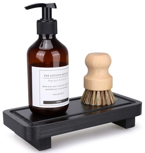 Kleine schwarze Küchen-Seifenablage für Theke, Seifenschale, Seifenspender, Holzständer, für Badezimmer, Dekoration, Bauernhaus, Holzerhöhung, Küchenzubehör, Arbeitsplatte, Schminktisch, dekoratives