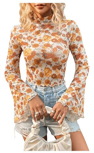 GORGLITTER Women's Floral Mock Neck Bell Long Sleeve Crop Top Lettuce Trim Slim Fit Shirts White M