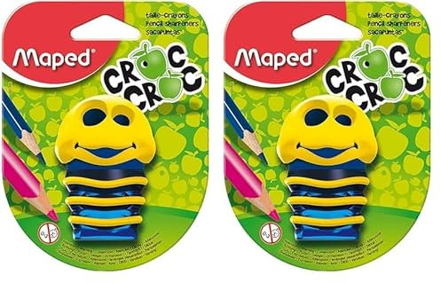 Maped - Bleistift-Anspitzer, Dosen-Anspitzer CROC CROC Raupe, für dünne und dicke Stifte - grün, gelb, pink (Packung mit 2)