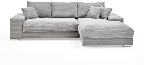 Wohnlandschaft >Siward< in silbergrau, Ottomane rechts, Metallfüße silber, Nosagunterfederung, Polyätherschaum, Daune, Schenkelmaß ca. 285x176 cm, inkl. 3 Zierkissen, 285 x 79-90 x 176 cm (BxHxT)