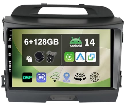 [6G+128G] IPS 9 Android 14 Autoradio Für Kia Sportage 2010-2016 mit navi Octa Core-[Eingebauter CarPlay/Android Auto/DSP/Mirror Link/GPS Navi/360 Camera/Bluetooth 5.0/WiFi/USB