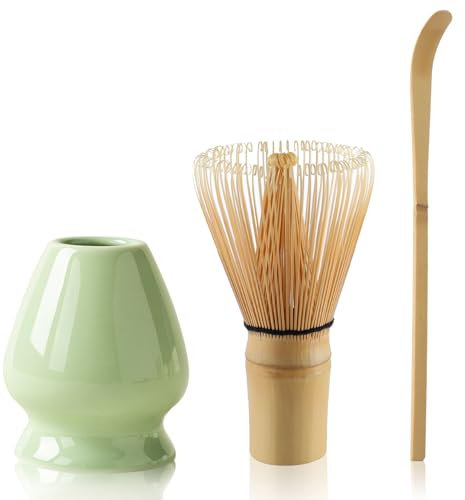 Matcha Tea Set Matcha Whisk, Ceramic Whisk Holder, Tea Scoop, Japanese Matcha Tea Tool Kit Set of 3(Light Green)