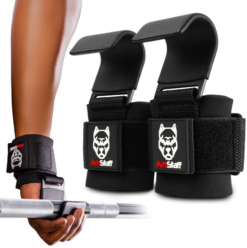 AmStaff Fitness Weight Lifting Hooks (Pair, Black) - Gym Wrist Straps with Steel Hooks for Weightlifting, Pull-Ups, Deadlifts, Strength Training, and Fitness Workouts - Adjustable Neoprene Wrist