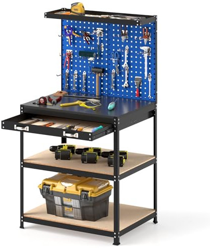 GOPLUS Établi Atelier Garage avec Panneau Perforé, Table de Travail avec 20 Crochets à Outils, Tiroir et Etagères Ouvertes, Station de Travail Robuste de 225 kg pour Garage, Atelier, Entrepôt (Bleu)