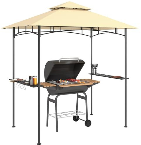 Outsunny 2.4 x 1.5 m (8' x 5') Grill Gazebo Canopy with LED Lights, Double Tiered Outdoor BBQ Gazebo Shelter with 2 Side Shelves, Storage Basket and Hooks for Garden, Barbecue, Picnic, Beige