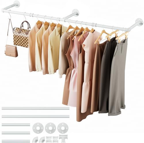 Kleiderstange für die Wand, Kleiderständer Wandmontage, Industrielle Platzersparnis Kleiderstange Schwarz 200 cm, einfache Montage für Flure Wohnzimmer Schlafzimmer (Weiß, 200CM)