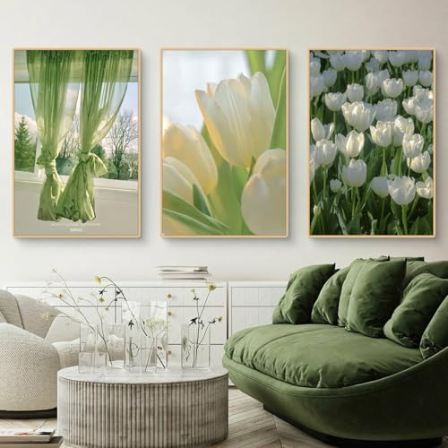 Ueiwffzo 3er Grün Poster Set, Moderne Wohnzimmer Bilder Poster Frühling Natur Tulpe Kunstdruck Bilder Wandbilder Pflanzen Leinwand Wandbild Wanddekor OHNE Rahmen (50x70cm)