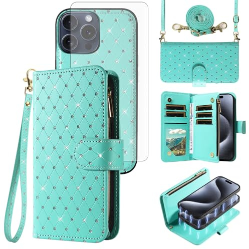 Asuwish Compatible with iPhone 15 Pro 6.1 inch Wallet Case Zipper Cell and Tempered Glass Screen Protector Crossbody Strap Glitter Flip Card Holder Phone Cover for i Phone15 i15 15Pro Women Green