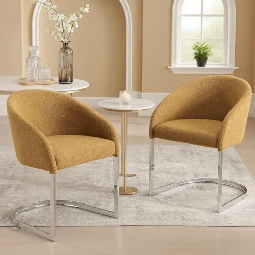 Bekrvio 8,6cm Gepolsterter Esszimmerstühle 2er Set, Bouclé-Stoff Stühle Esszimmer mit Wickelrückenlehne, Ergonomische Essstühle Mit Armlehne Metallbeine, Bequemer Küchenstuhl, Cocktailsessel
