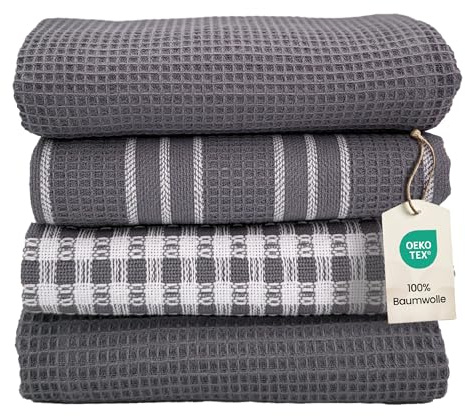 B-Bytes Geschirrtücher Baumwolle 4er Set – 45×65 cm Küchentücher aus Waffelpique, Saugstark und Langlebig – Anthrazit