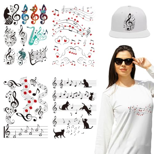 arricraft 4 Sheets Music Notes Iron on Stickers, Colorful Music Staff Pattern Print Transfer Stickers Decals for DIY T-Shirt Jeans Backpacks Families Clothing Hat Decoration Applique