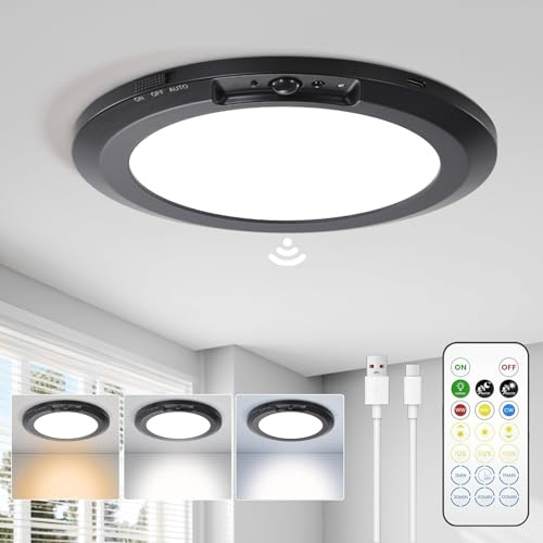 Rechargeable LED Ceiling Light - 10000mAh Battery Operated Bathroom Light with Remote 3 Colour Temperatures, Motion Sensor, Magnetic Mount, Wireless Indoor Ceiling Lamp for Garage Hallway Stair(Black)
