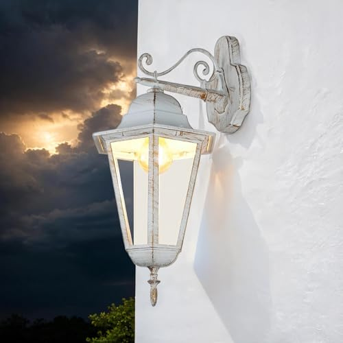 Licht-Erlebnisse Wandlampe außen Rustikal 50,5 cm hoch IP44 in Weiß Gold Glas Aluminium E27 Außenwandlampe Laterne Wandleuchte Garten Hof