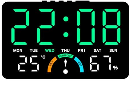 CWOQOCW Große LED-Digitaluhr mit Anzeige für Zeit, led wanduhr, digital Uhr, Luftfeuchtigkeit, Temperatur, Datum, Wecker und Komfortniveau, geeignet für Wandmontage oder Flache Aufstellung (Grün)