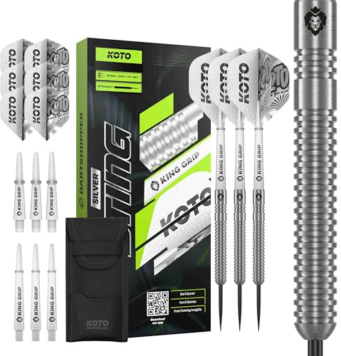 KOTO – Sting Silver 90% Tungsten Darts, 22G-26G, Silber, Mit Extra Flights und Shafts, Steeldarts, Dartpfeile Profi Set
