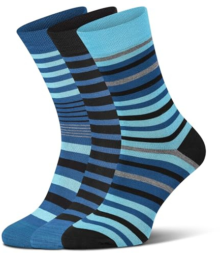 foot-art bamboo:line Bambus-Viskose Socken Ohne Gummi (Softrand) gegen Einschneiden 3 Paar Unisex Ringelsocken für Damen & Herren – Blau Geringelt