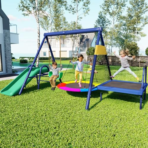 Spielturm Outdoor mit Rutsche & Trampolin – Klettergerüst mit Nestschaukel & Kunststoffschaukel – multifunktionaler Spielplatz für Kinder, verstellbare Elemente, wetterfester Stahl – ab 3 Jahre