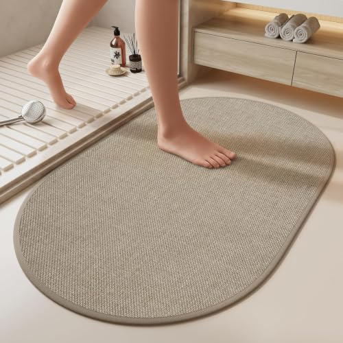 HAOLESHITE Badematte rutschfeste Oval, Badezimmerteppich Duschvorleger Schnelltrocknend Saugfähig Badvorleger, Ultraweicher Badteppiche für Badewanne, Badezimmerboden (Khaki, 50 x 80 cm)