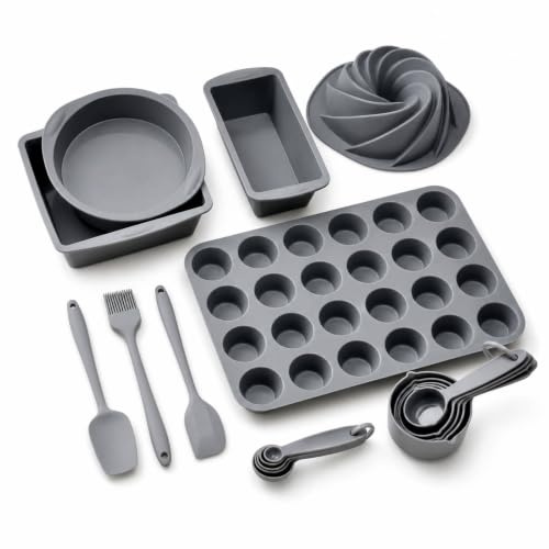 Cycayit Set de Moules Silicone, 18 Pièces, Antiadhésif, Gris | Set de pâtisserie 18 pièces avec moules en silicone, moule à muffins, pinceau, spatule et cuillères doseuses.