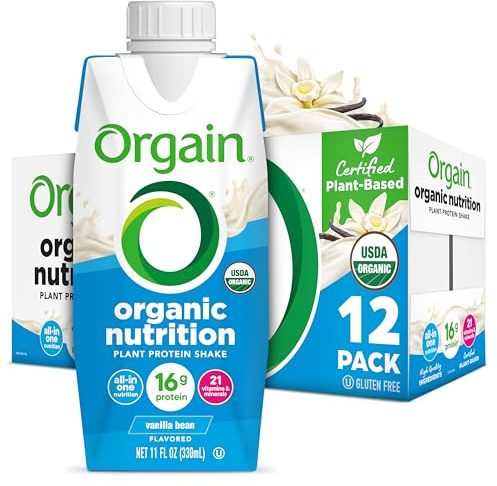 Orgain Organic Nutritional Vegan Protein Shake, Vanilla Bean - 16g Plant Based Protein, Meal Replacement, 21 Vitamins & Minerals, Fruits & Vegetables, Gluten Free, Non-GMO, 11 Fl Oz (Pack of 12)