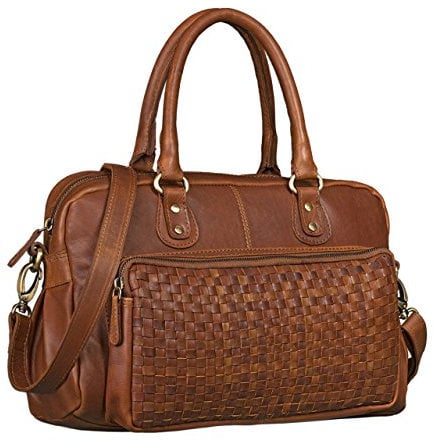 STILORD 'Elena' Vintage Handtasche Damen Umhängetasche geflochten elegante Ledertasche Shopping Ausgehen weiches Leder, Farbe:cognac - braun