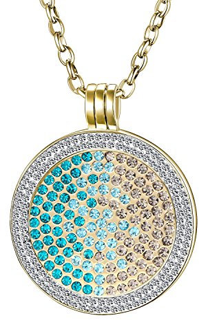 Morella Damen Halskette Gold 70 cm Edelstahl und Zirkonia Anhänger mit Coin Zirkoniasteine grün-blau-Silber 33 mm im Schmuckbeutel