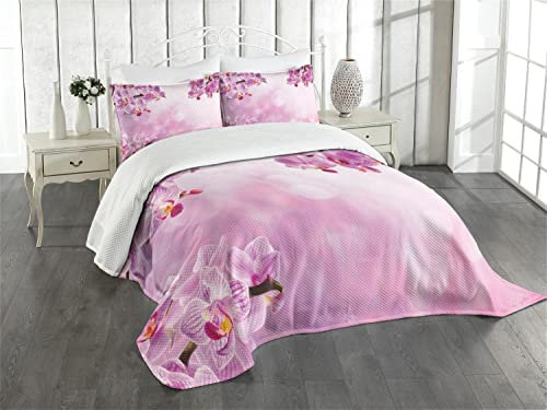 ABAKUHAUS Rosa Tagesdecke Set, Orchideen-Frühlings-Blumenblatt-Badekurort, Set mit Kissenbezügen Sommerdecke, für Doppelbetten 220 x 220 cm, Rosa