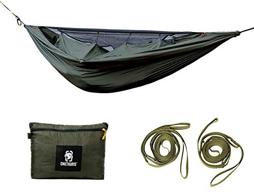 OneTigris KOMPOUND Camping Hammock with Net, Lightweight Portable Hammock with Warm Internal Cover & Tree Friendly Straps for Backpacking, Camping, Hiking, Travel, Beach, Backyard Od Green