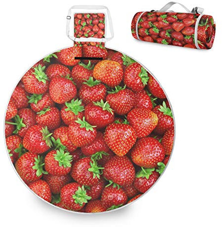 RELEESSS Runde Picknickdecke Erdbeere Obst Faltbar Wasserdicht Indoor Outdoor Teppich Matte für Strand Reisen Camping Wandern Park Aktivitäten