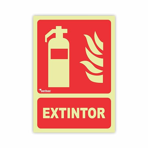 Seribas Señal Extintor Contra Incendios, Fotoluminiscente Clase B, Cartel PVC 0,7 mm. Tamaño A4 21 x 30 cm, Homologada. Tinta y Material Resistente.