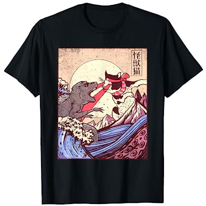 Vintage Retro Japanese Great Wave Cat Vs Monster Otaku Manga Kurzarm T-Shirt